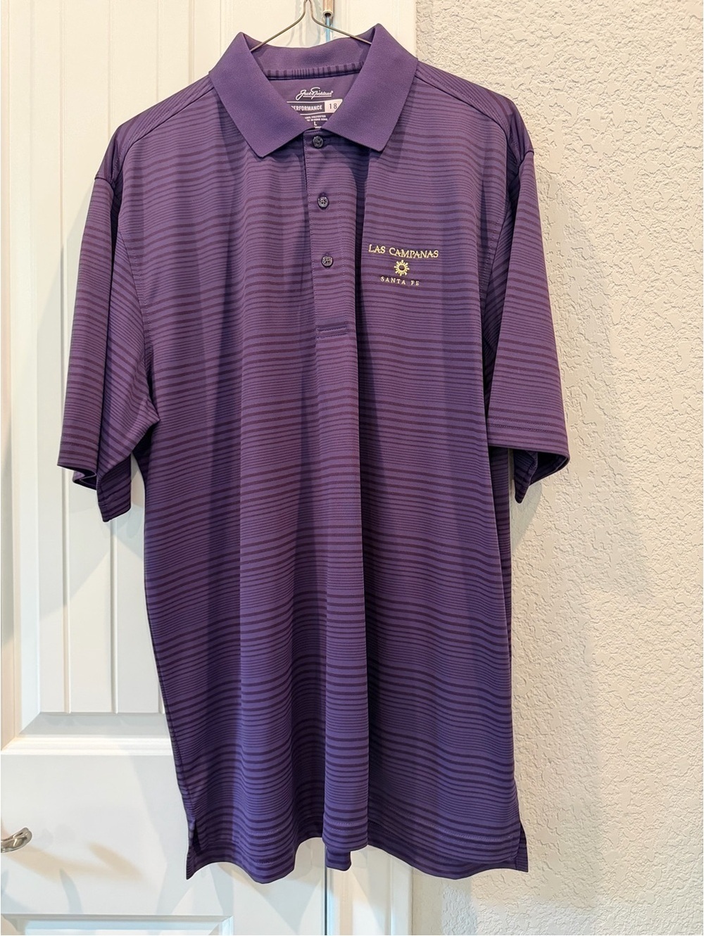 Jack Nicklaus Performance Purple Striped Polo Shirt Las Campanas Santa Fe Embro